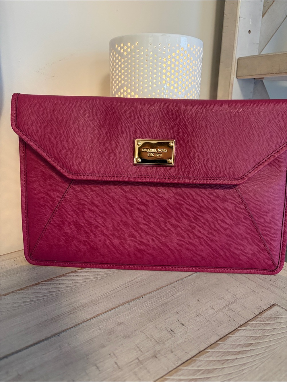 Michael Kors Fuchsia Saffiano Envelope Clutch with Gold Plaque